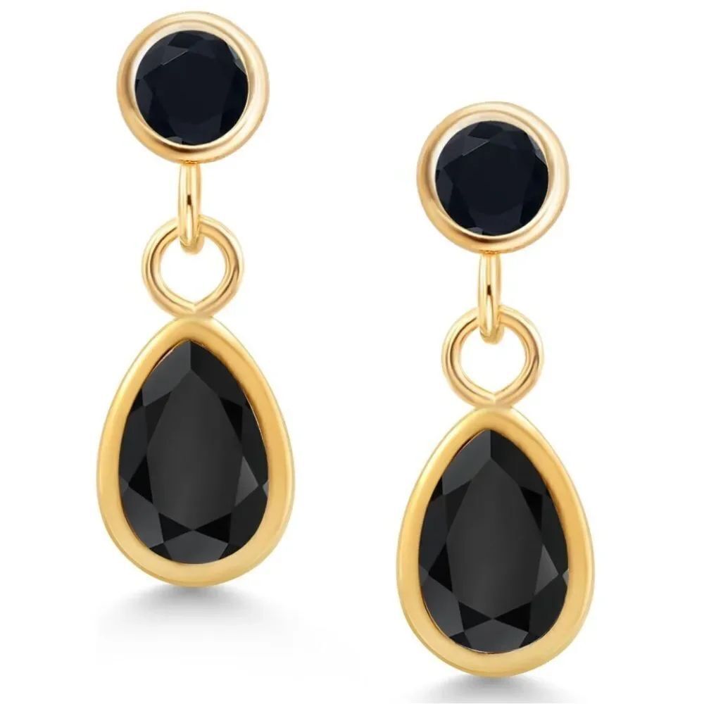 14K Yellow Gold with 0.96 Cttw Black Onyx Dangling Post Back Drop Earrings